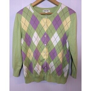 Cherokee Womens Button Cardigan Argyle Sweater Rainbow Y2k 90s Light Academia